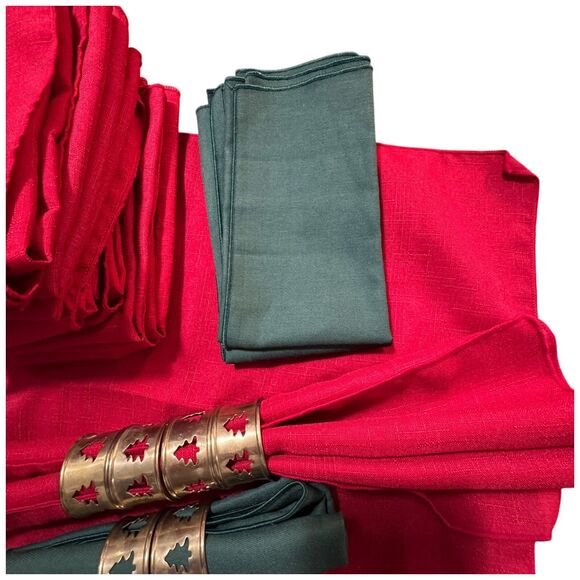 Vtg Brass Christmas Tree Cut Out Napkin Rings Holder Cloth Napkins Red Green LOT - Picture 4 of 11